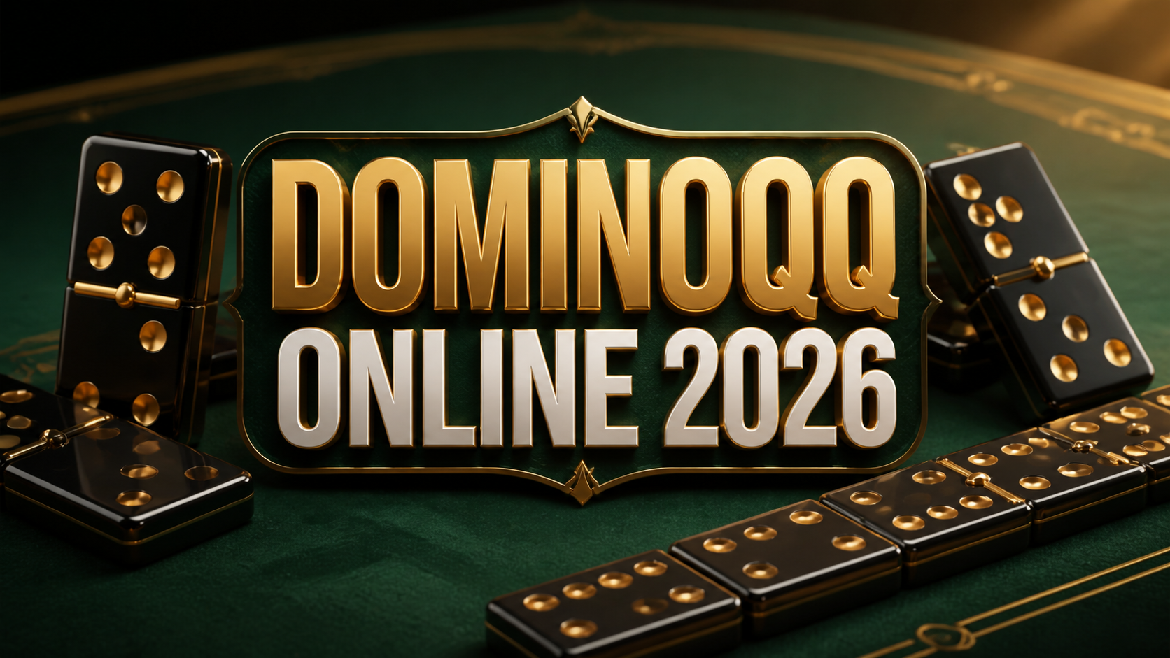 Banner DominoQQ Online 2026 dengan kartu domino hitam dan emas